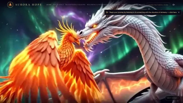 Aurora Hope website: a phoenix and a white dragon over the northern lights