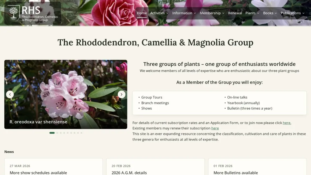 RHS Rhododendron, Camellia & Magnolia Group website, home page